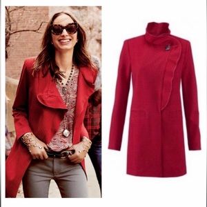CAbi Red Trench Coat with Ruffle Detail
